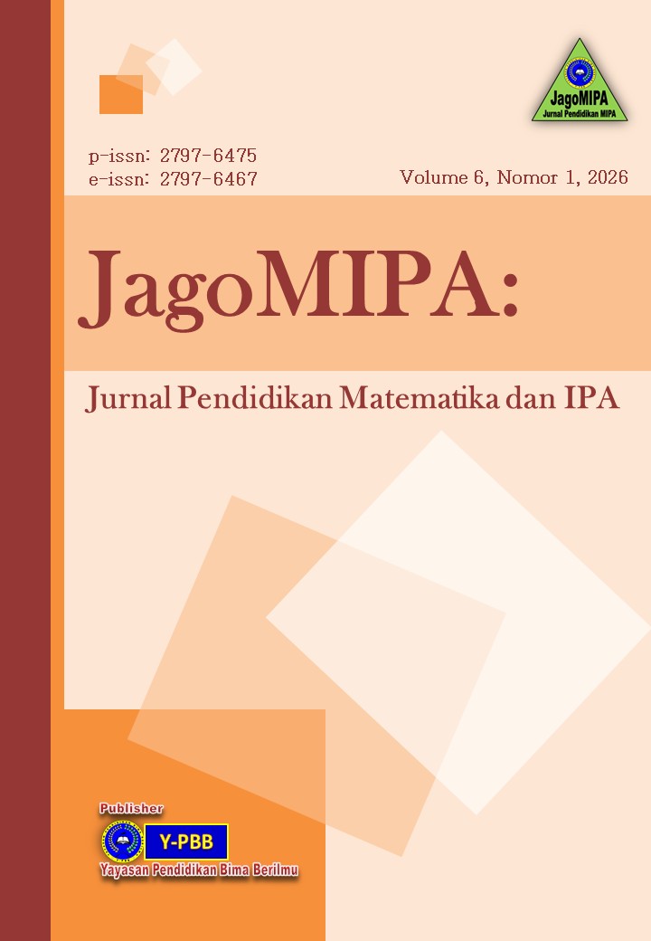 					View Vol. 6 No. 1 (2026): JagoMIPA: Jurnal Pendidikan Matematika dan IPA
				